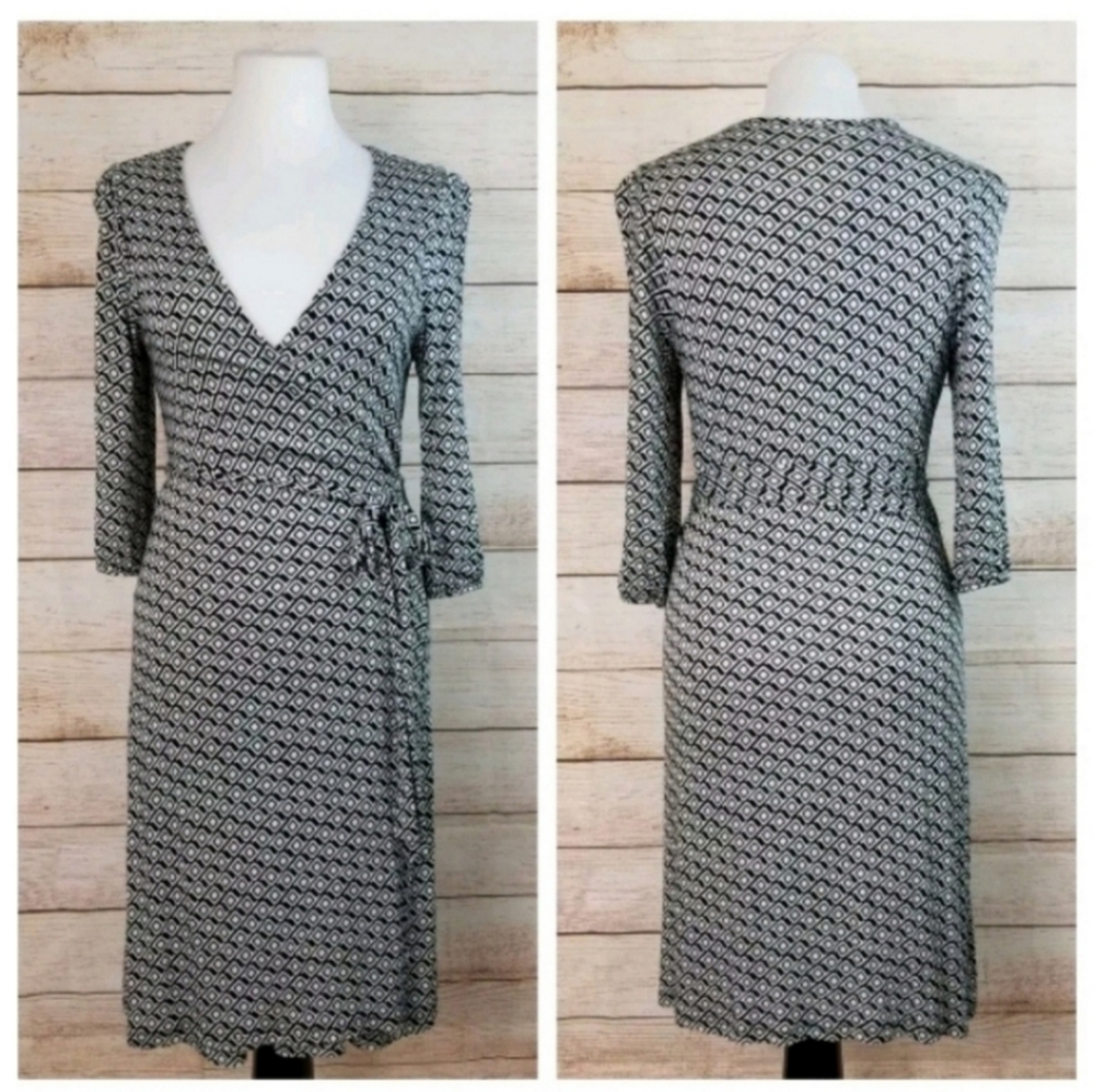 Old Navy S Black White Midi Wrap Dress 3/4 Sleeves